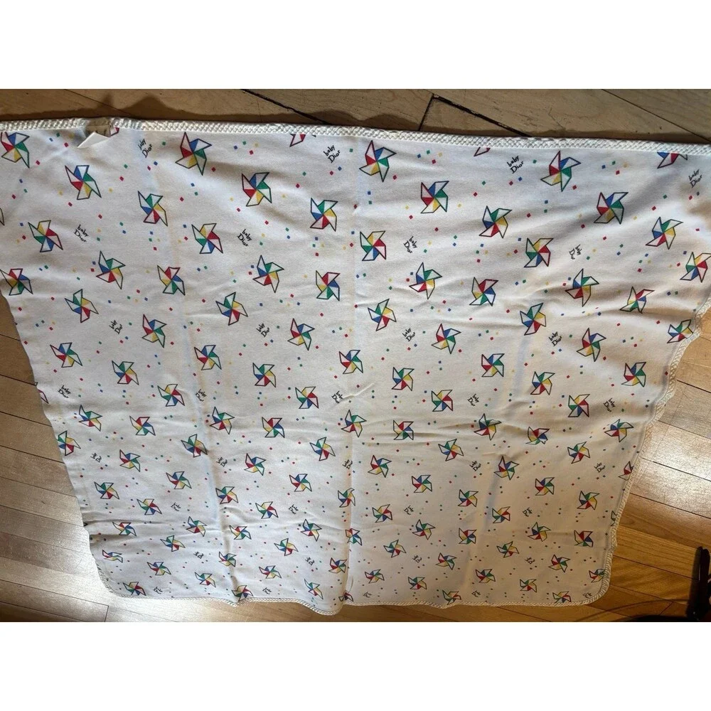 Vintage Dior Baby Blanket 100% Cotton White Satin Edge USA Pinwheels